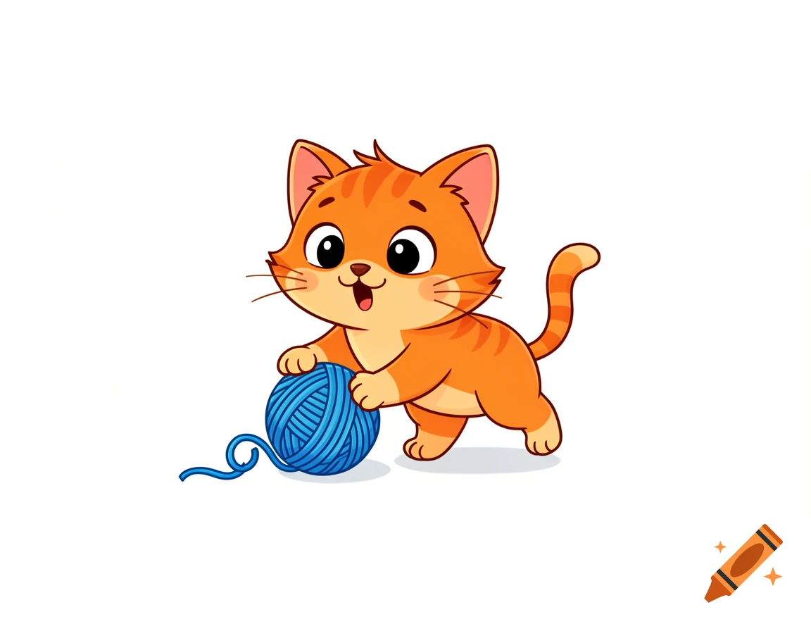 A cute, cartoon-style orange tabby cat with large eyes happily plays with a blue ball of yarn on a white background.