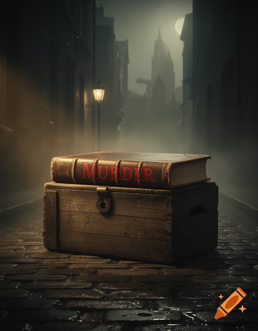A dark, atmospheric image of a book titled 'MURDER' on a wooden box in a foggy cobblestone alley at night.