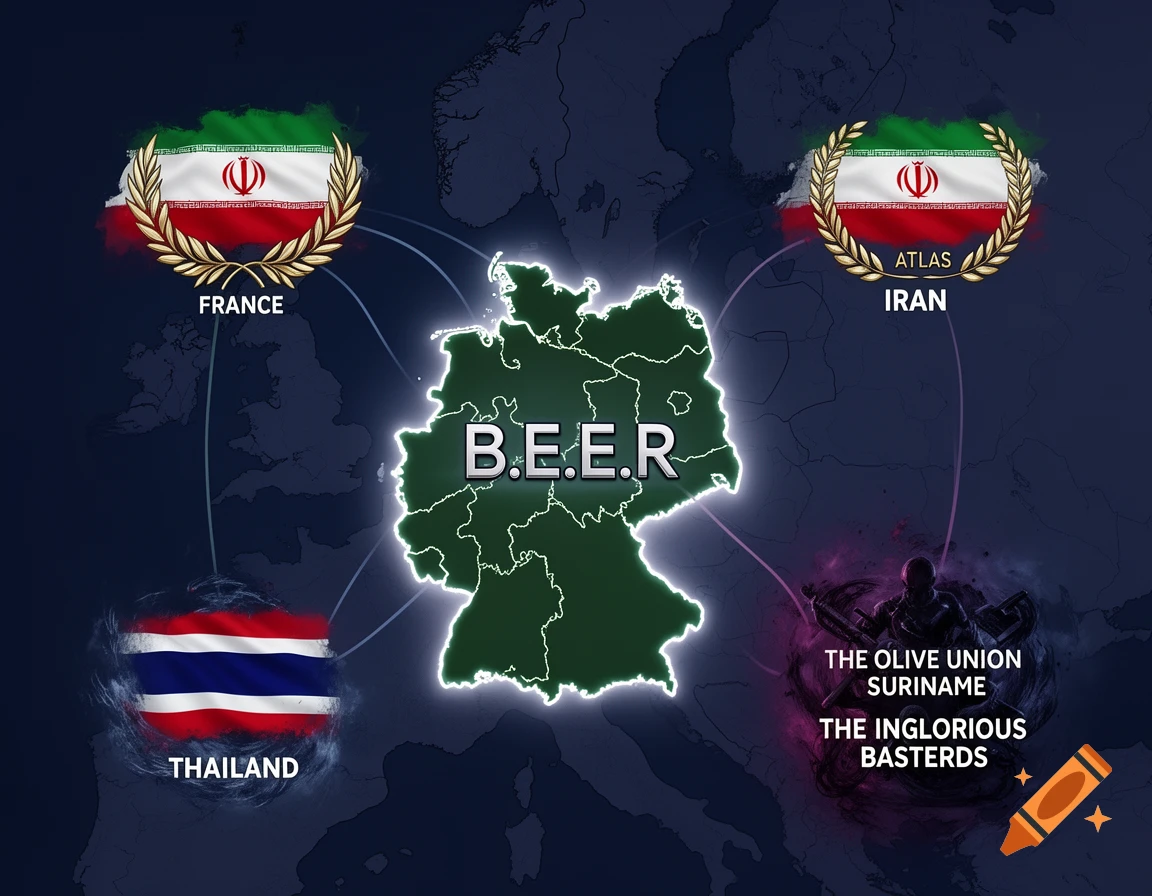 A stylized map of Europe showing Germany at the center, glowing green. Labels for France, Iran, Thailand, and Suriname, along with alliances B.E.E.R., ATLAS, The Olive Union, and The Inglorious Basterds, are connected to Germany by lines. The Iranian flags have distorted text.