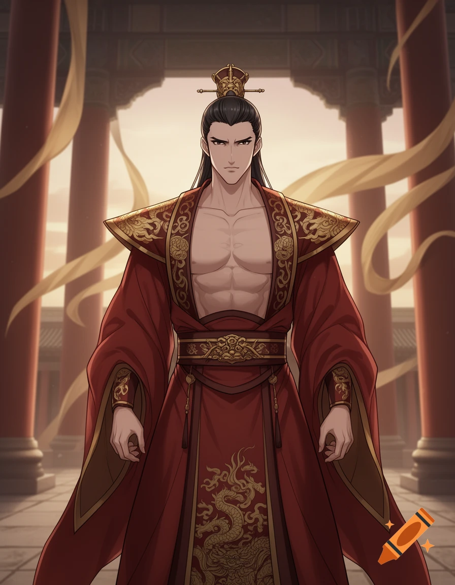 Muscular Chinese emperor in red and gold robes with long black hair, in an anime style, standing in a palace.