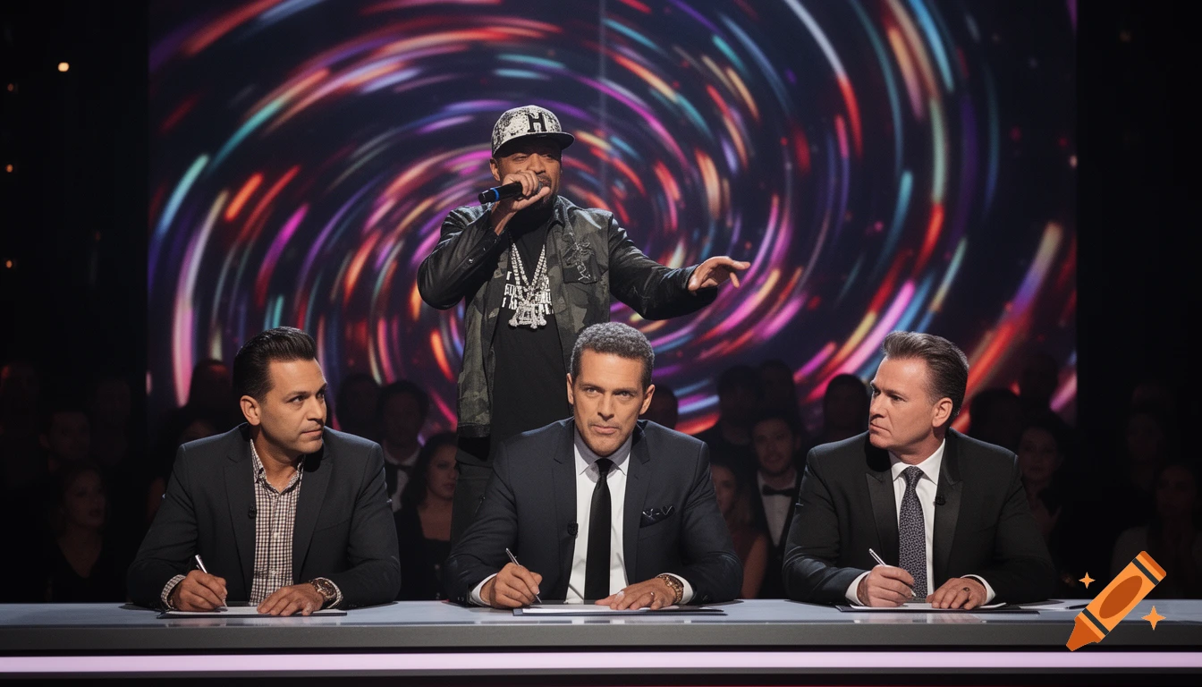 A rapper performs on stage under a colorful swirling light, with three judges seated at a table in the foreground writing.