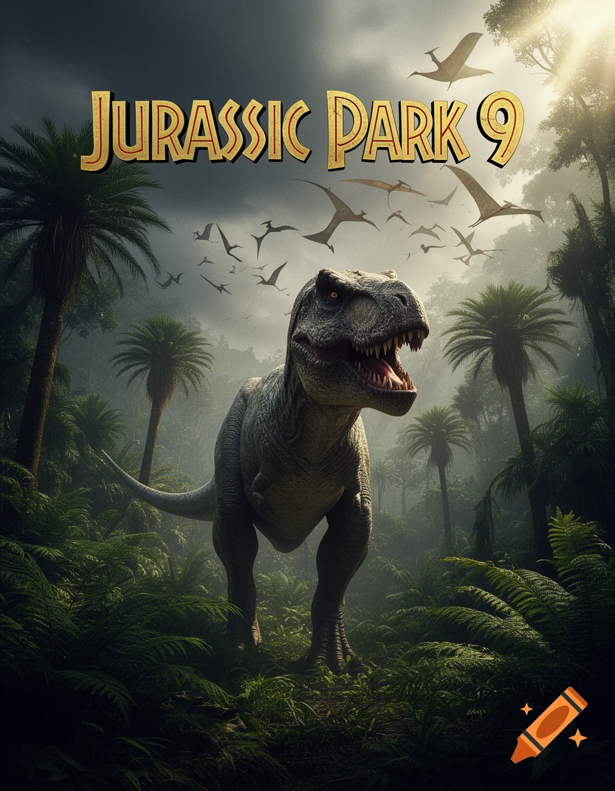 Movie poster for Jurassic Park 9 with a roaring T-Rex in a misty jungle, Pterodactyls flying overhead.