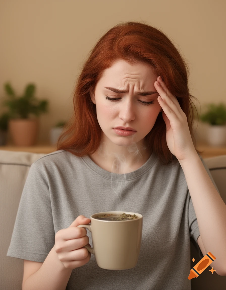 A red-haired woman with a pained expression, holding her temple with one hand and a steaming mug with the other, indicating a headache.