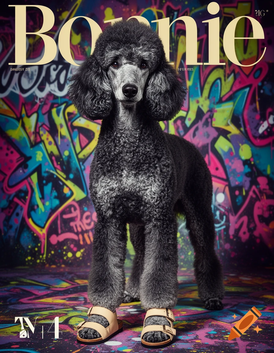 A black/grey standard poodle wearing beige sandals, styled as a magazine cover with 'Bonnie' title and colorful graffiti background.