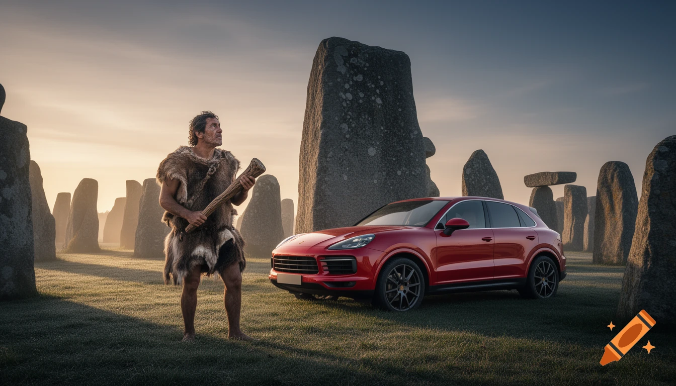 A photorealistic image of a prehistoric man with a club standing beside a red Porsche Cayenne amidst stone monoliths at sunrise.