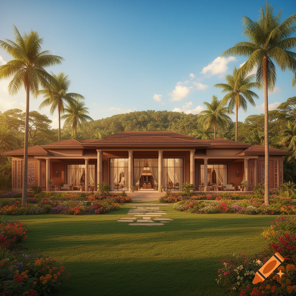 A grand tropical mansion with a brown roof, columns, and large windows, surrounded by green lawns, colorful flowerbeds, and tall palm trees under a blue sky.