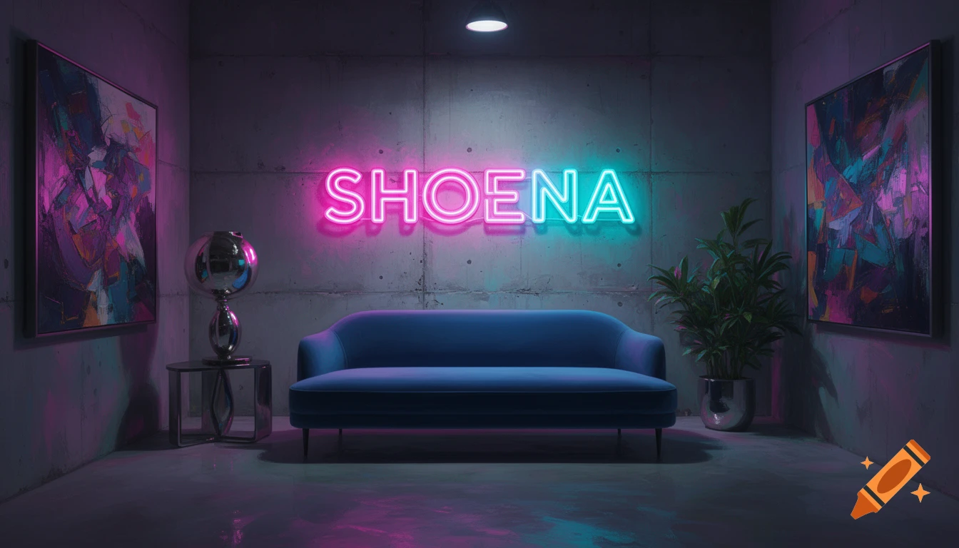A modern, minimalist room with a blue velvet sofa, abstract art, and a glowing 'SHOENA' neon sign on a concrete wall, bathed in pink and cyan light. Digital painting.
