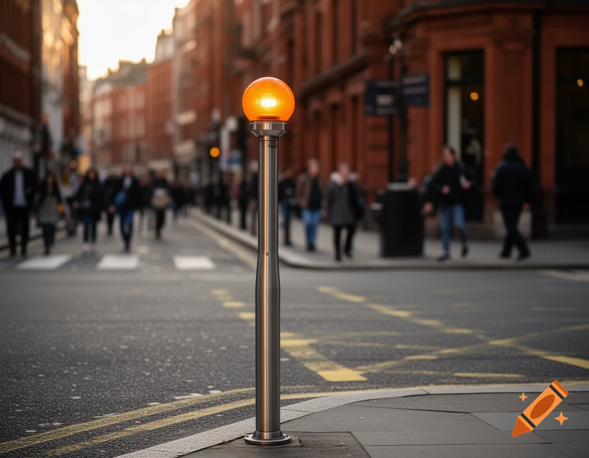 A close-up of a silver Belisha beacon with an orange glowing light on a city street, with blurred pedestrians and buildings in the background.