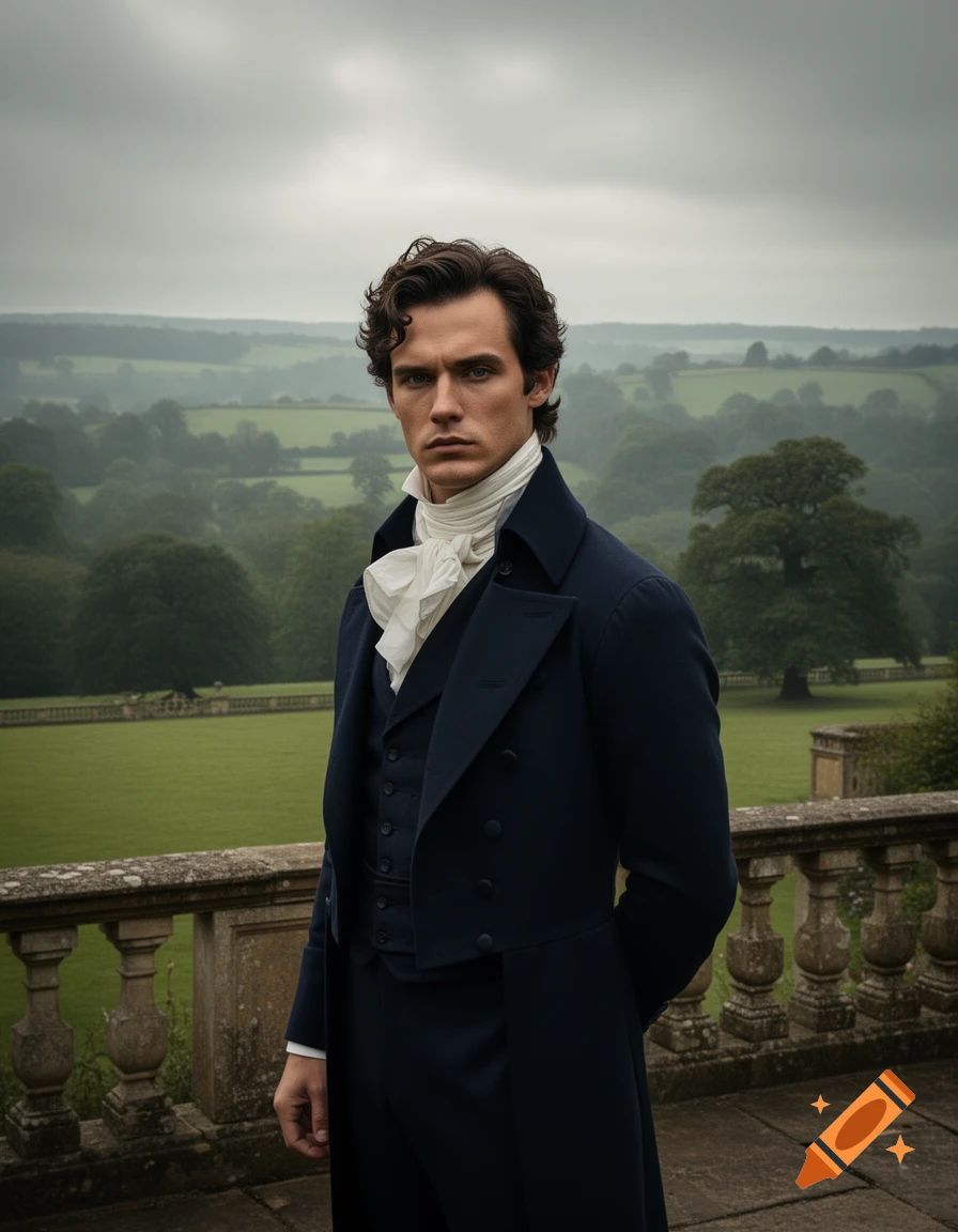 Photorealistic portrait of an English gentleman in a midnight-blue tailcoat and white cravat, on a stone terrace overlooking green hills.