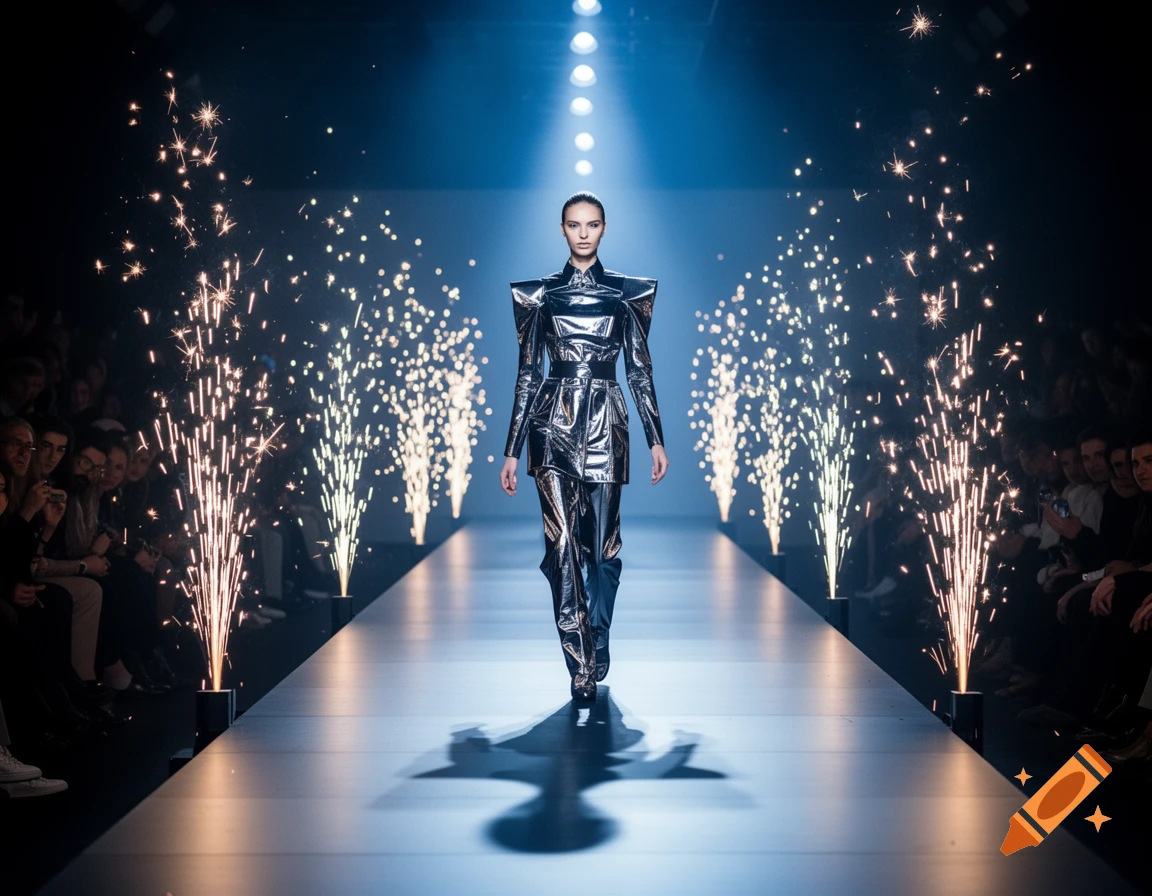 A model in a futuristic silver outfit walks down a brightly lit runway, flanked by sparklers, at a fashion show.