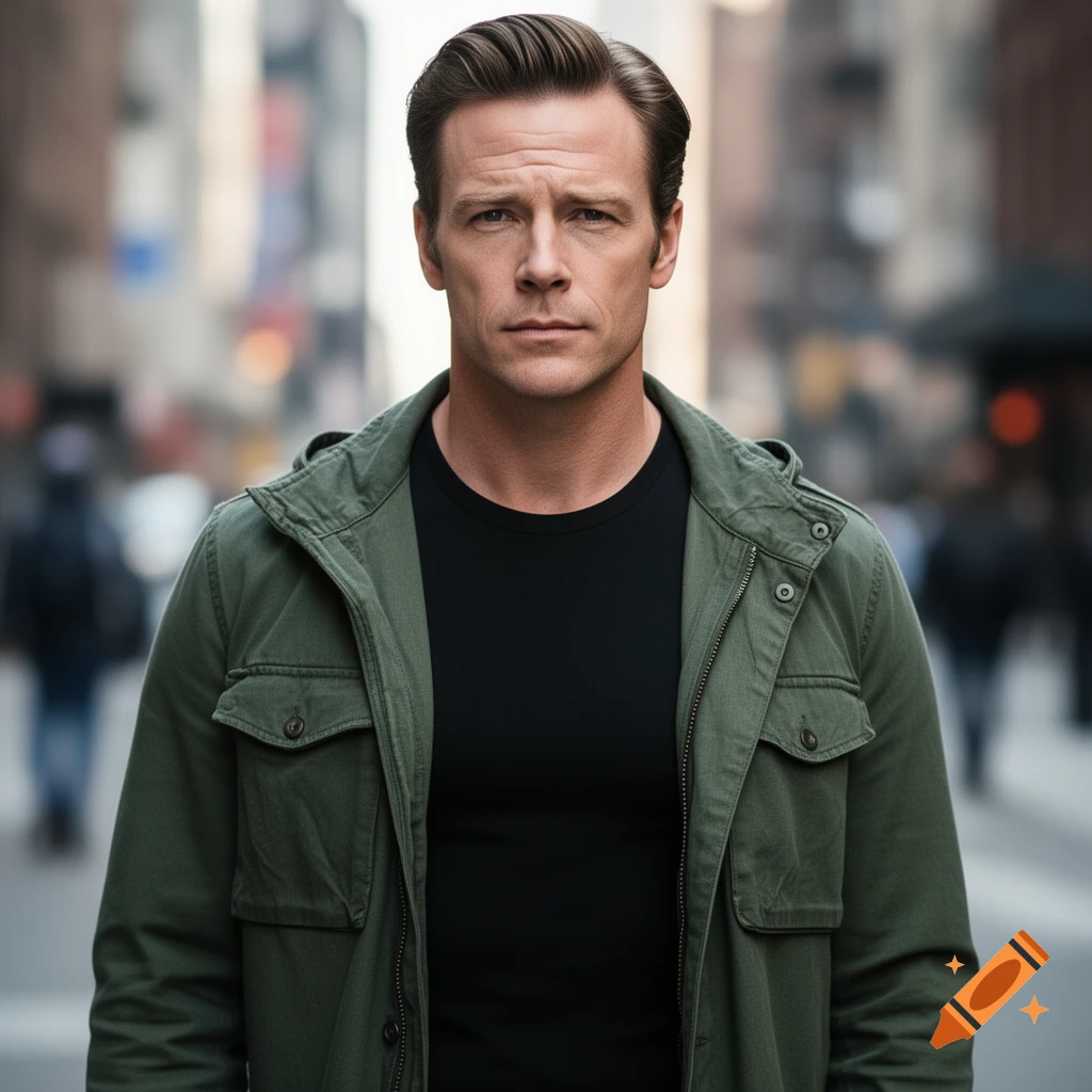 Photorealistic portrait of a man resembling Steve Rogers in a black t-shirt and green jacket on a city street.