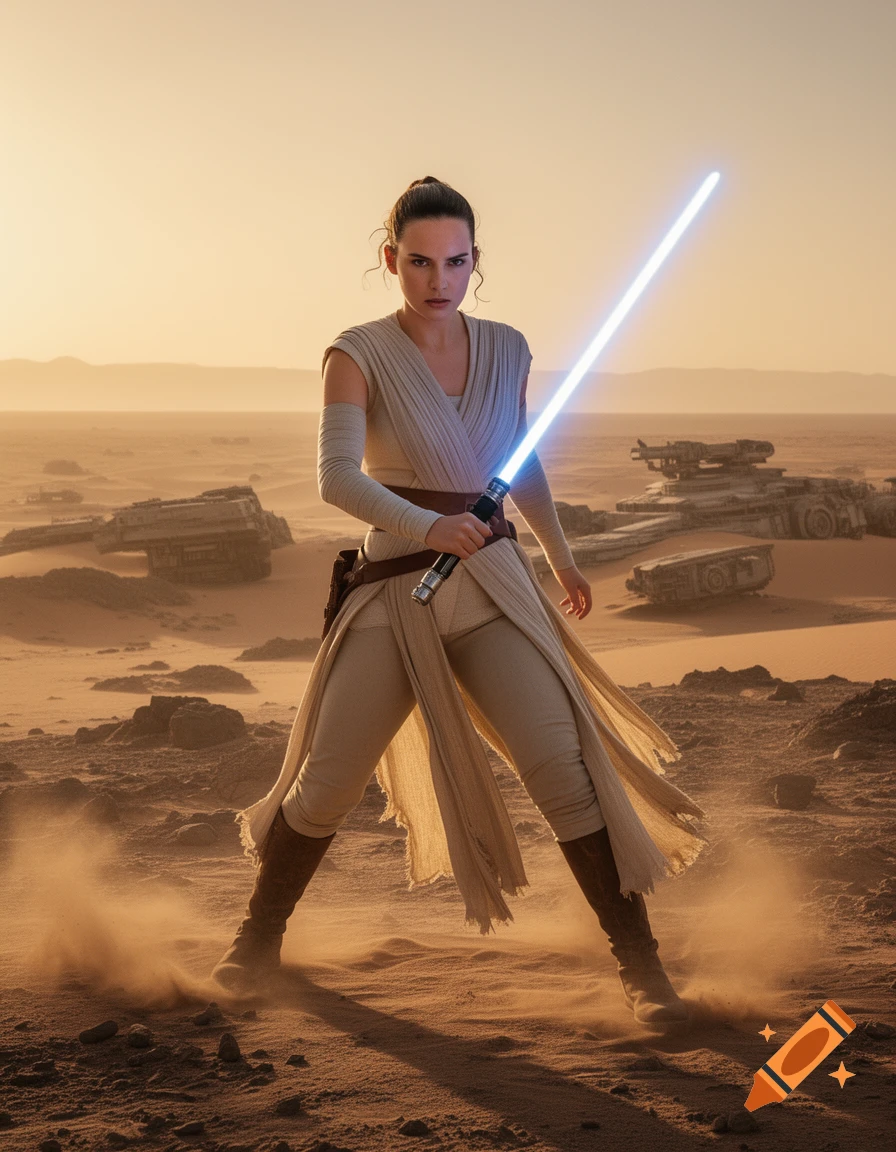 Rey from Star Wars stands in a desert holding a blue lightsaber, with crashed ships in the background.
