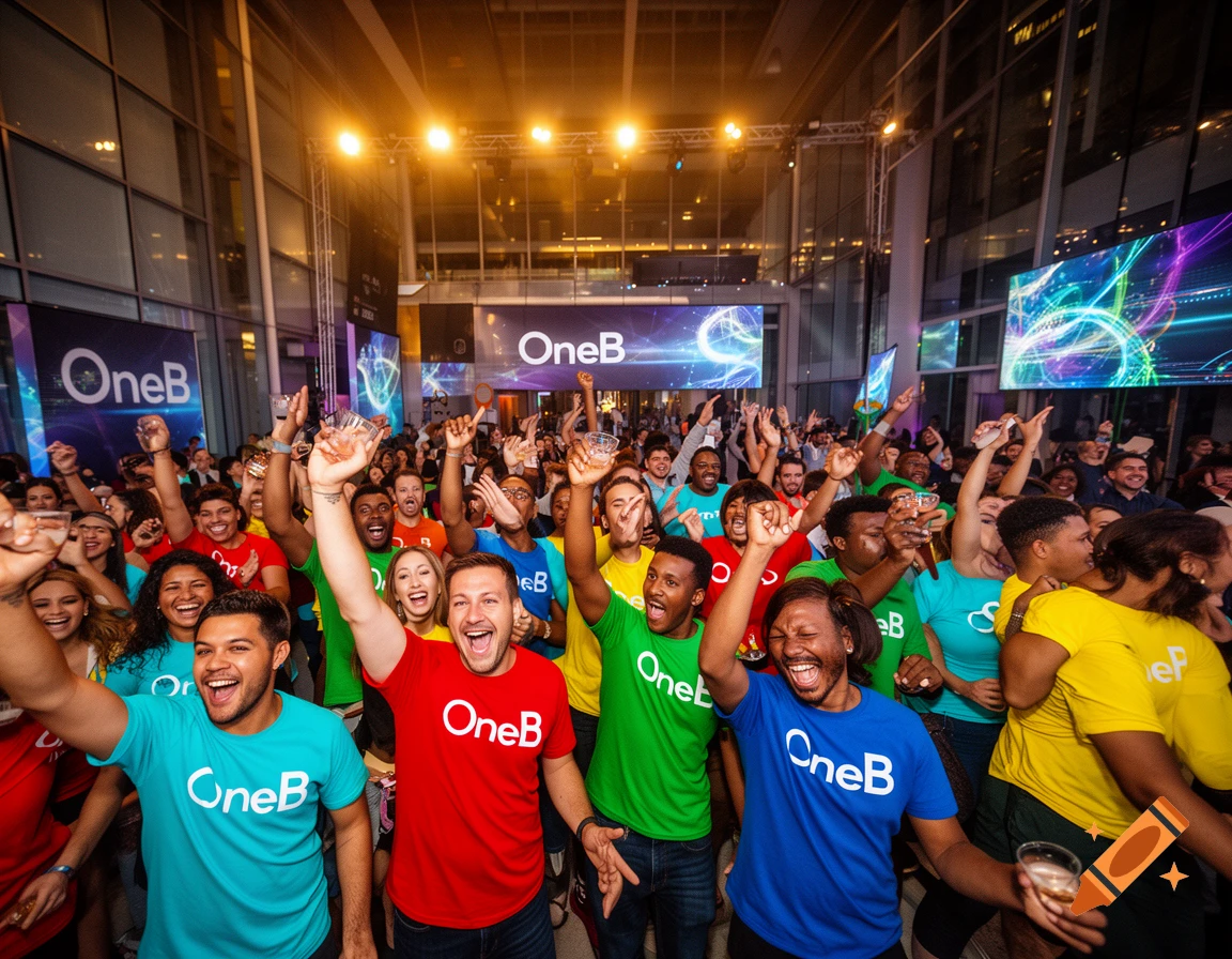 A diverse crowd of people in colorful 'OneB' t-shirts celebrating at a brightly lit indoor event, arms raised in excitement.