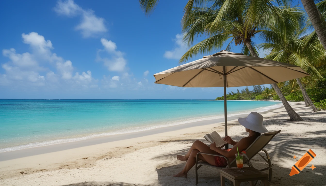 A person in a sun hat reads a book under a parasol on a white sand tropical beach with turquoise water and palm trees.