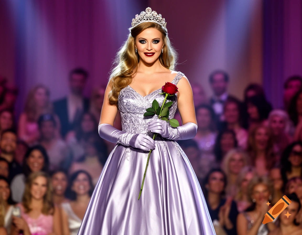 A woman in a lavender gown and crown, holding a red rose, smiles on a spotlighted stage with a blurry audience.