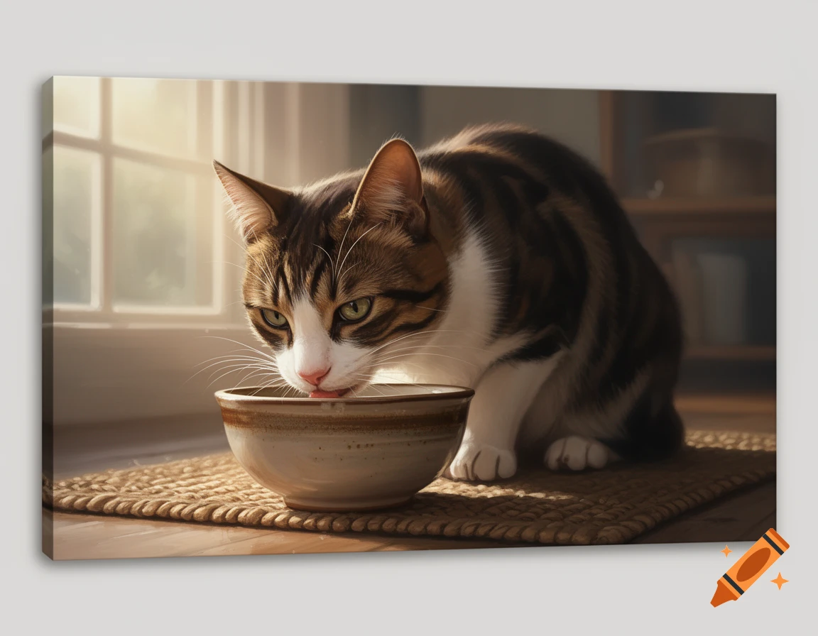 A brown, black, and white tabby cat drinks from a ceramic bowl on a woven mat by a sunlit window.