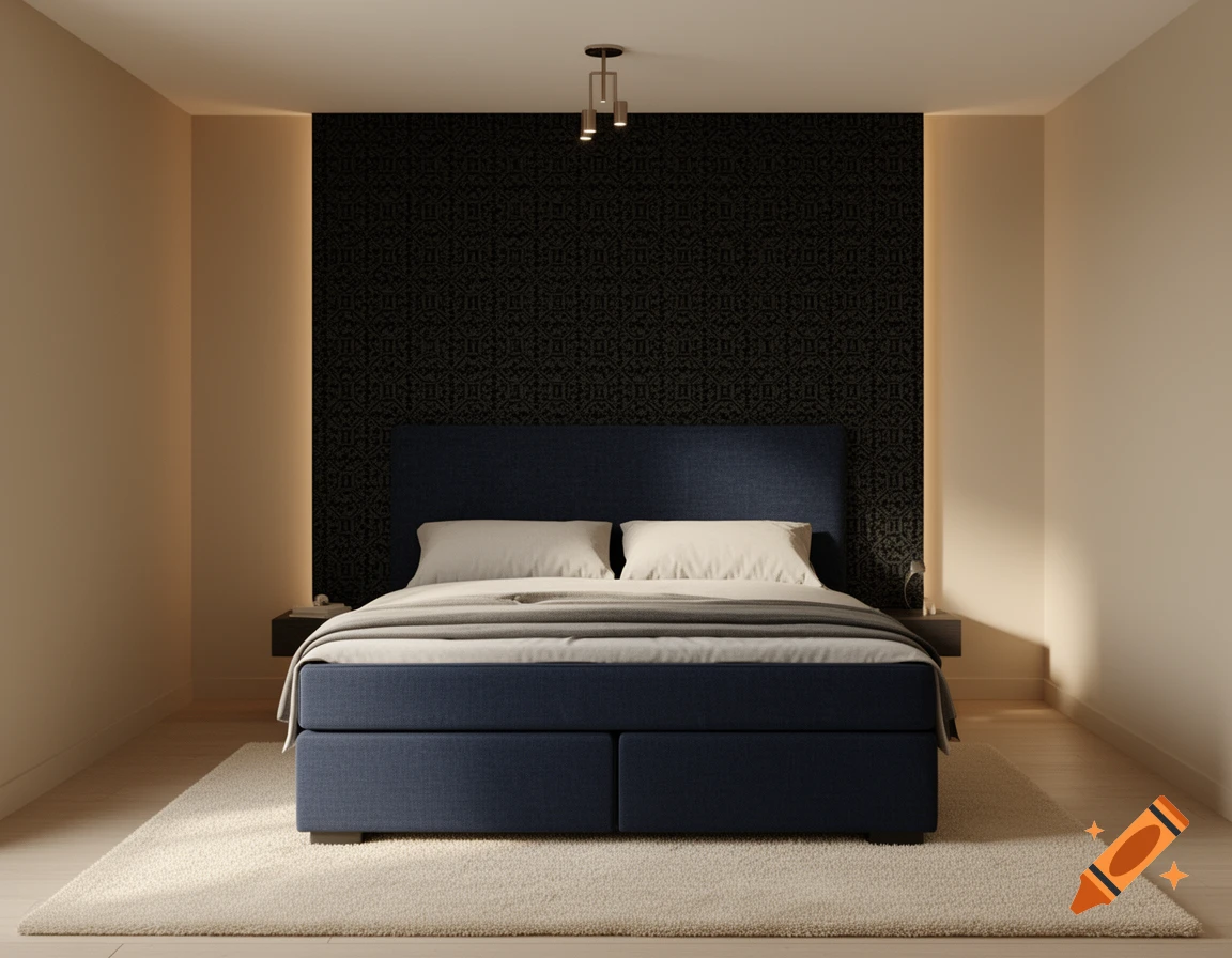 A modern bedroom features a dark blue box spring bed, a black patterned wallpaper accent wall, and beige side walls.