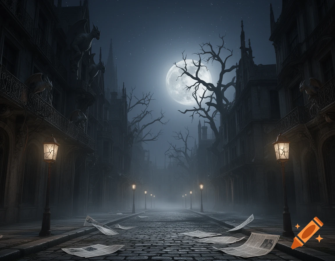 A dark, gothic city street at night under a full moon, with old buildings, bare trees, and glowing street lamps.