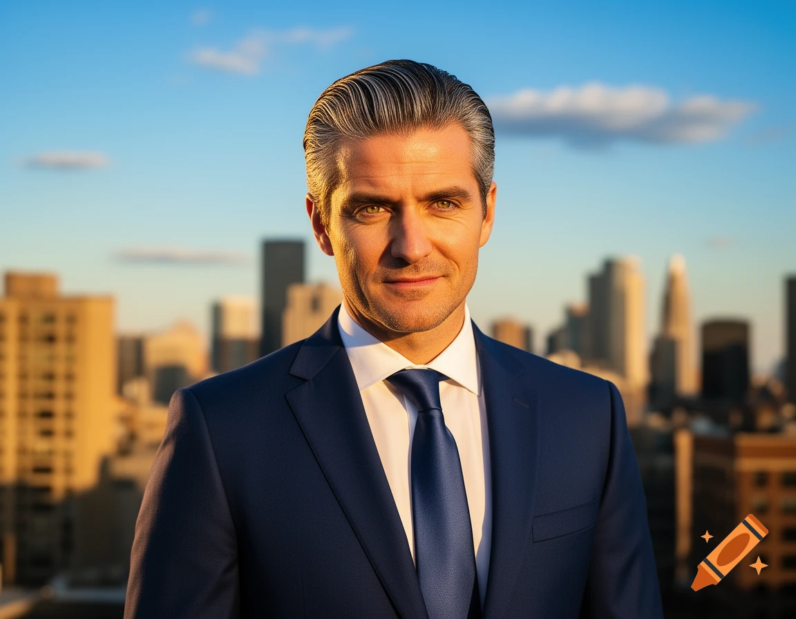 Photorealistic portrait of a man in a blue suit and tie with slicked-back grey hair, smiling against a city skyline at sunset.