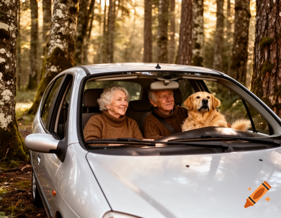 An elderly couple and their golden retriever sit in a silver car, parked in a sunlit forest.