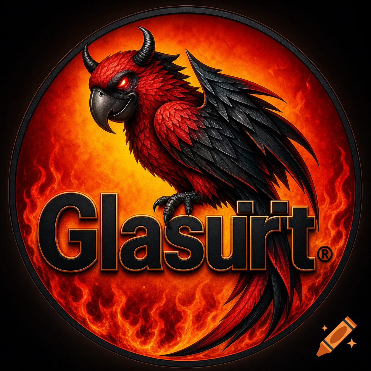 A red and black parrot with devil horns and glowing red eyes, against a fiery orange-red circular background with the text 'Glasurit'.