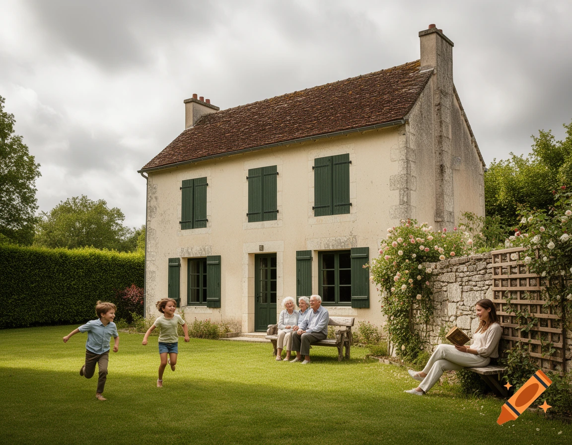 Two children run across a sunny green lawn in front of a house, an elderly couple sits on a bench, and a woman reads nearby.