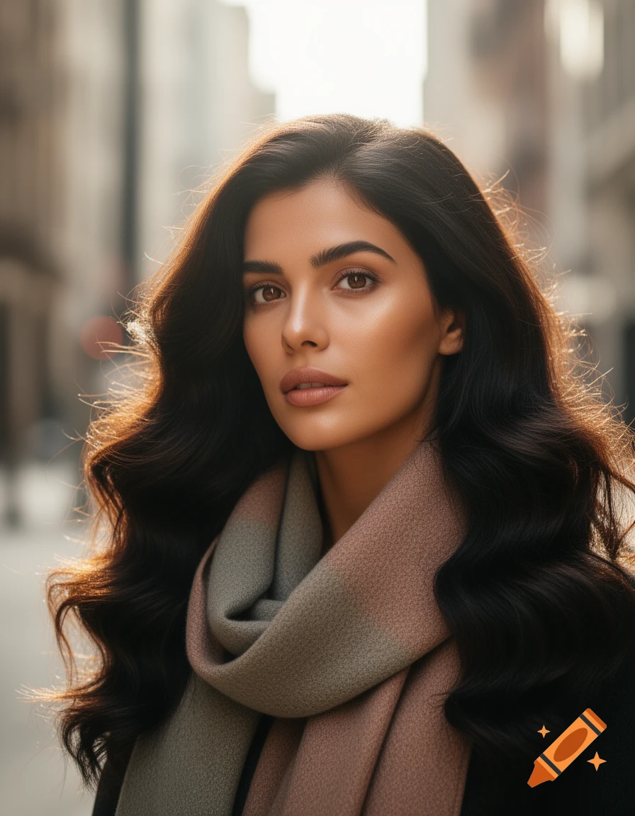 Photorealistic portrait of a dark-haired woman with brown eyes and glowing skin, wearing a striped scarf on a sunny urban street.