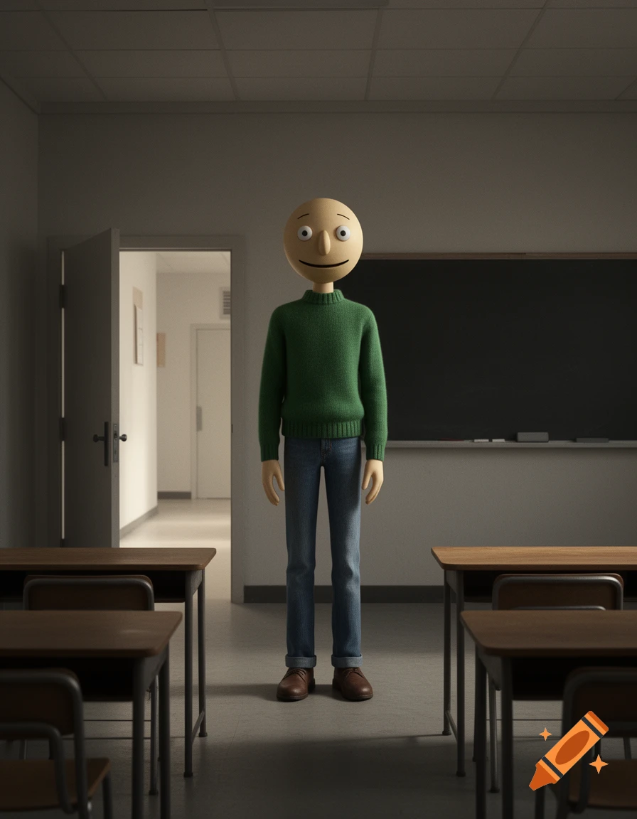 A stylized, bald, smiling character in a green sweater and jeans stands in a classroom with a blackboard and desks.