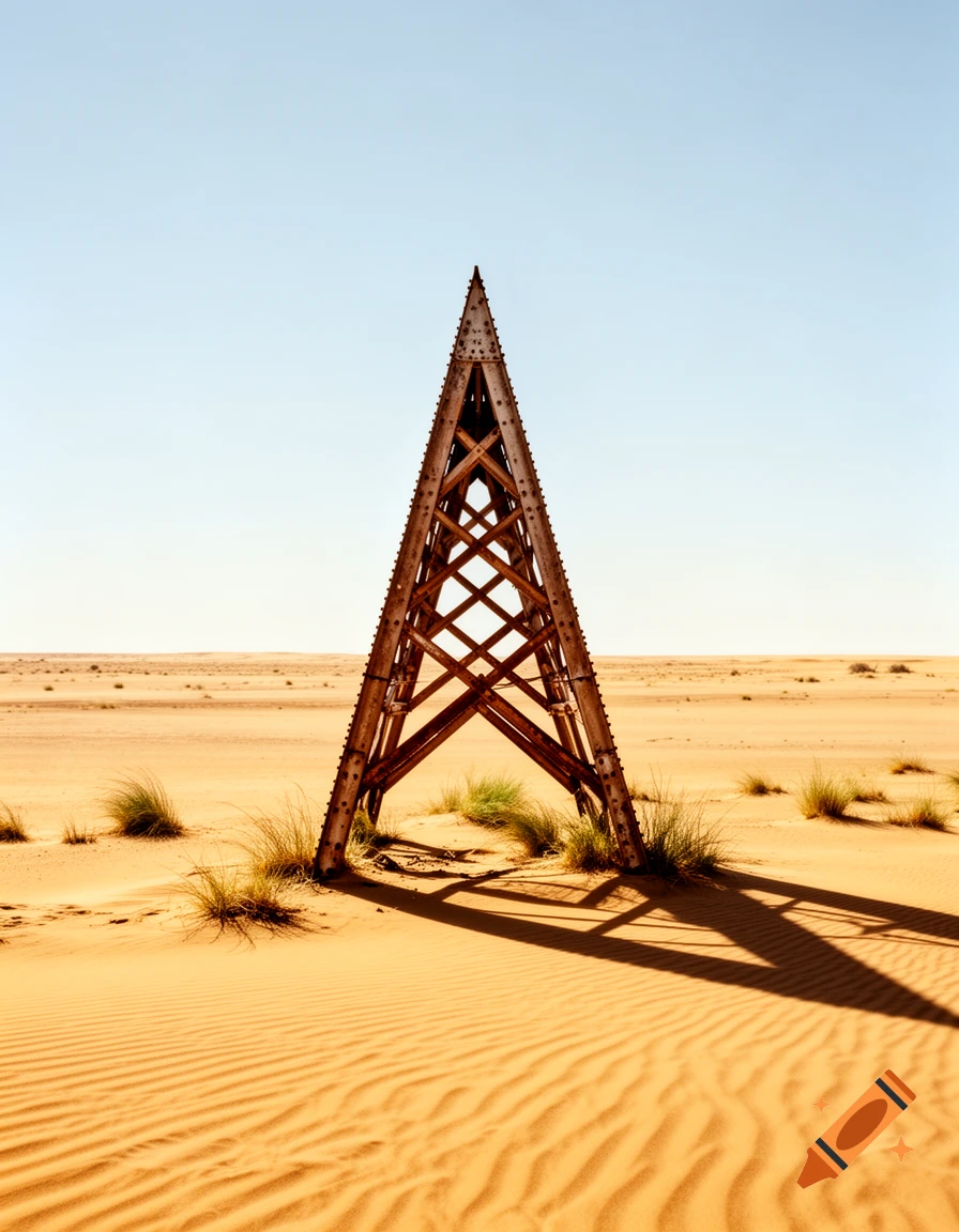 A tall, pyramidal metal structure stands in the middle of a vast, sandy desert under a clear sky.