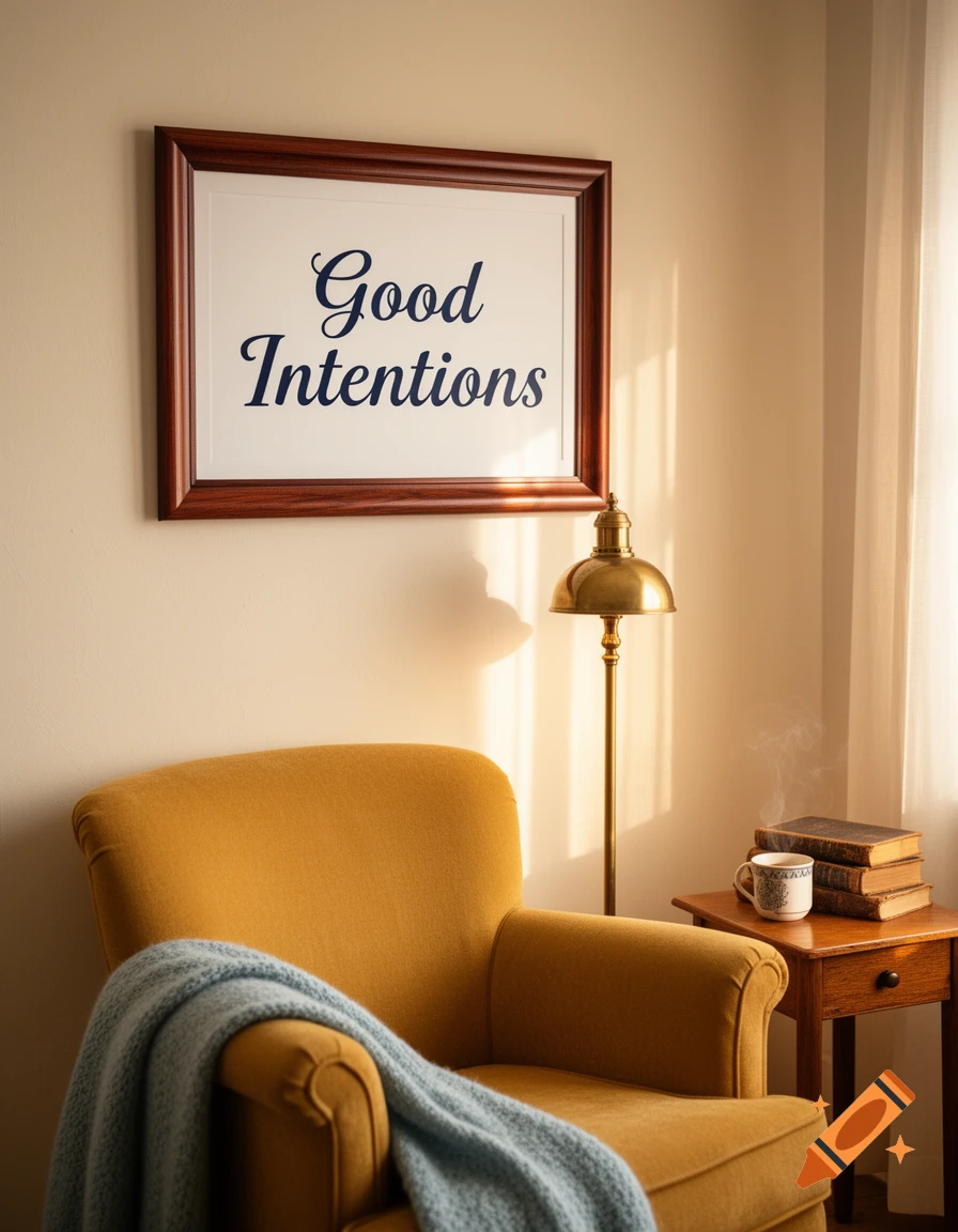 A cozy reading nook with a yellow armchair, blue blanket, floor lamp, a side table with books and a steaming mug, and a framed print reading 'Good Intentions' on the wall.