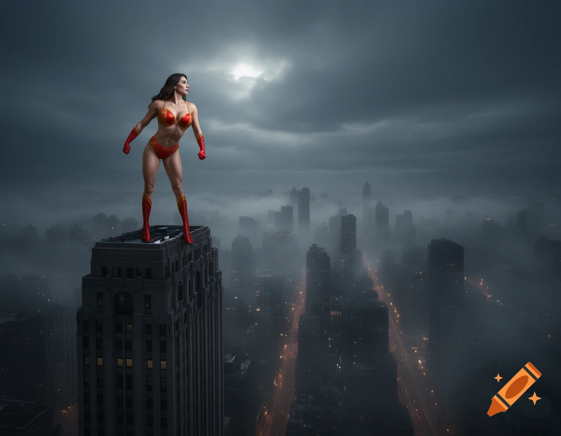 A female superhero in a red and gold outfit stands atop a skyscraper, overlooking a misty, dark city skyline at night.