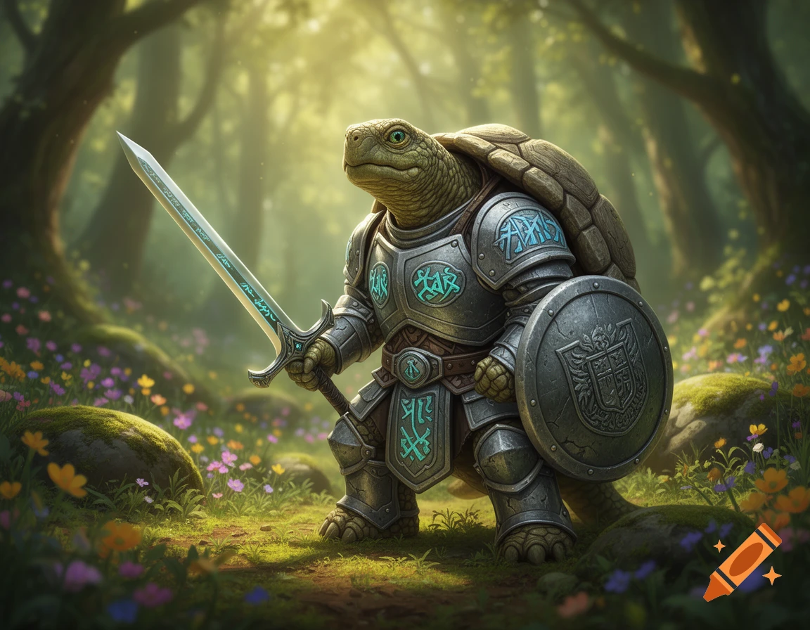A heroic tortoise knight in intricate silver armor with glowing blue accents holds a sword and shield in a vibrant fantasy forest.