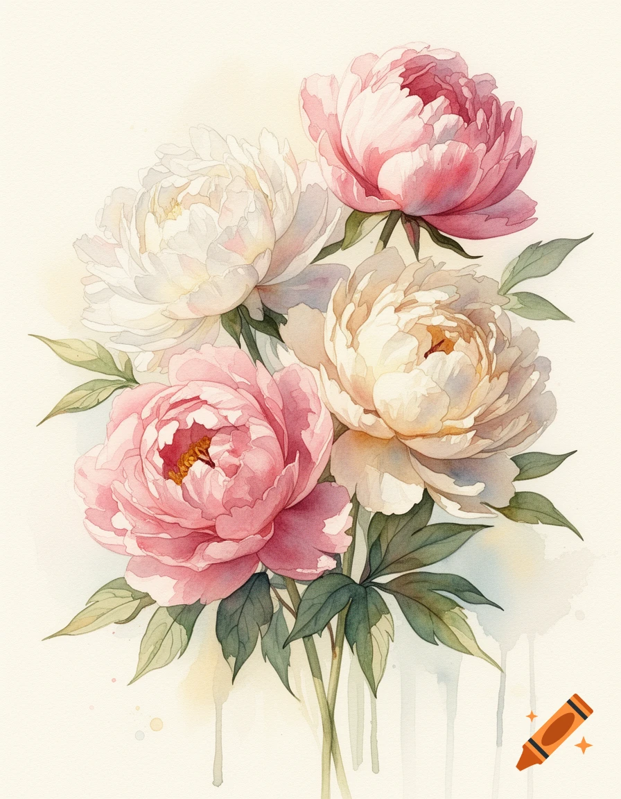 A watercolor painting of a bouquet of pink, white, and cream peonies with green leaves and stems on a light background.