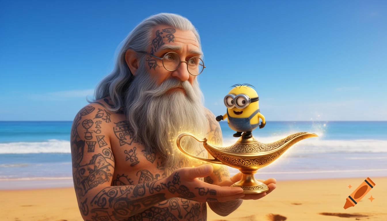 Heavily tattooed old man with a grey beard and glasses holding a glowing magic lamp with a Minion on a sunny beach, animated concept art.