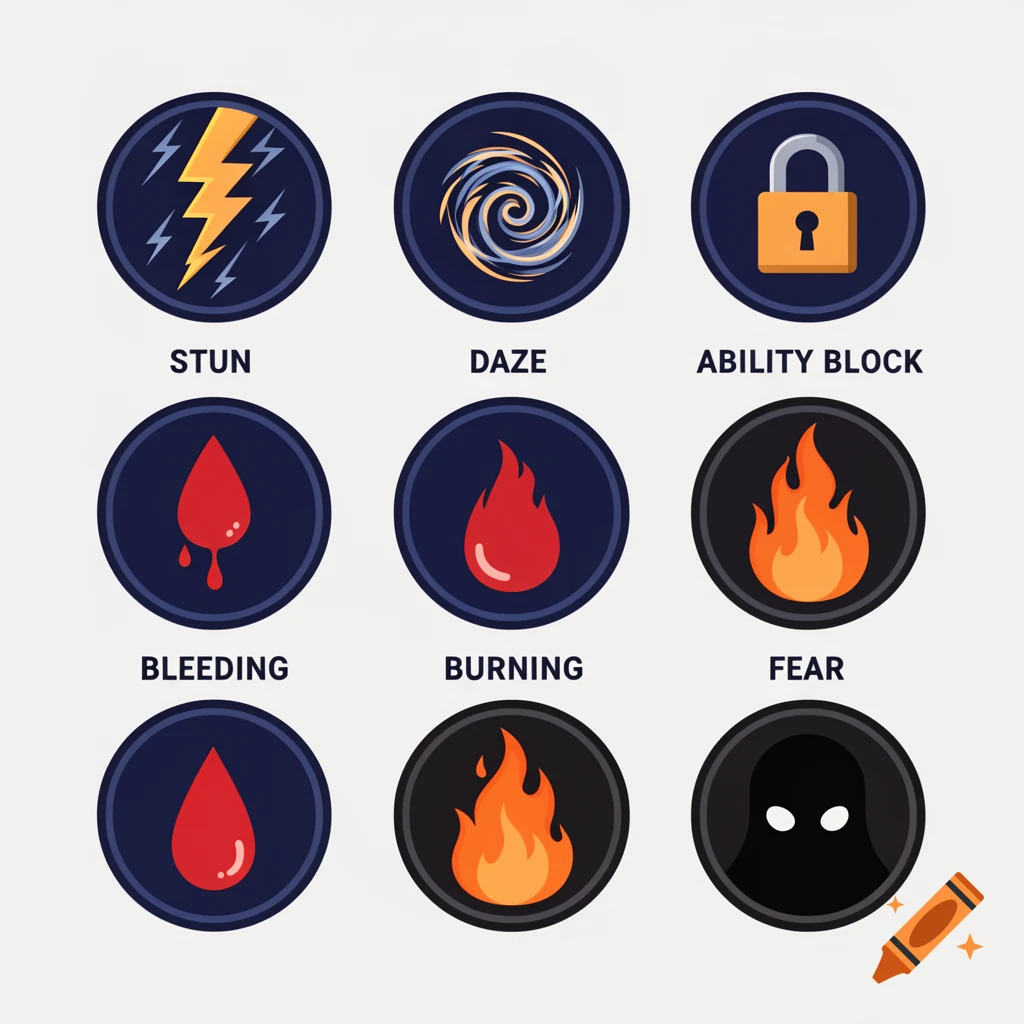 A grid of nine circular RPG status effect icons: stun, daze, ability block, bleeding, burning, and fear with stylized graphics.