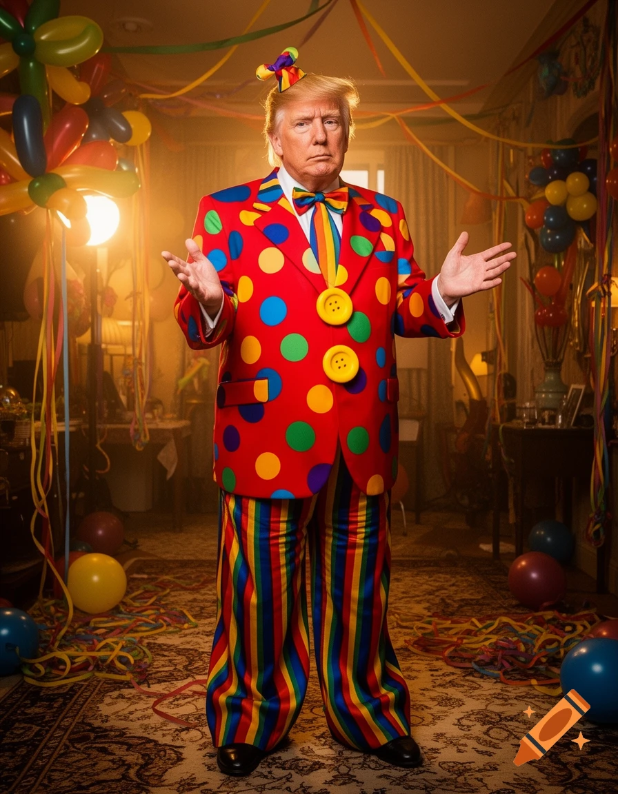 Donald Trump stands in a colorful, polka-dotted red clown suit, striped pants, and a tiny hat in a party room with balloons.