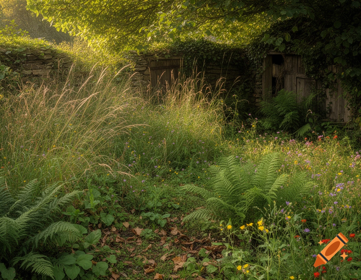A sun-dappled, overgrown rustic garden corner with wild grass, ferns, colorful flowers, an old stone wall, and two weathered wooden doors.