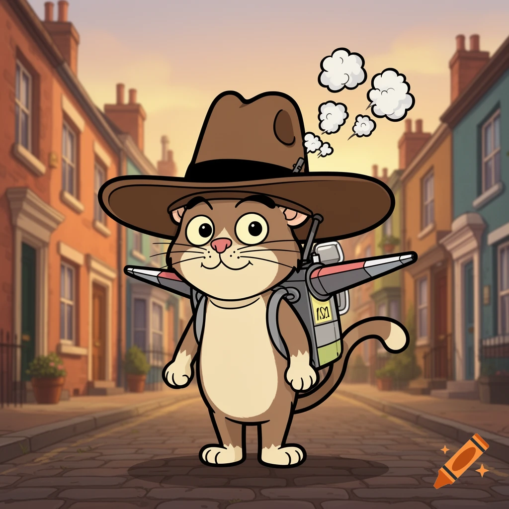 A cartoon cat wearing a brown hat and a silver jetpack stands on a cobbled street lined with brick houses.