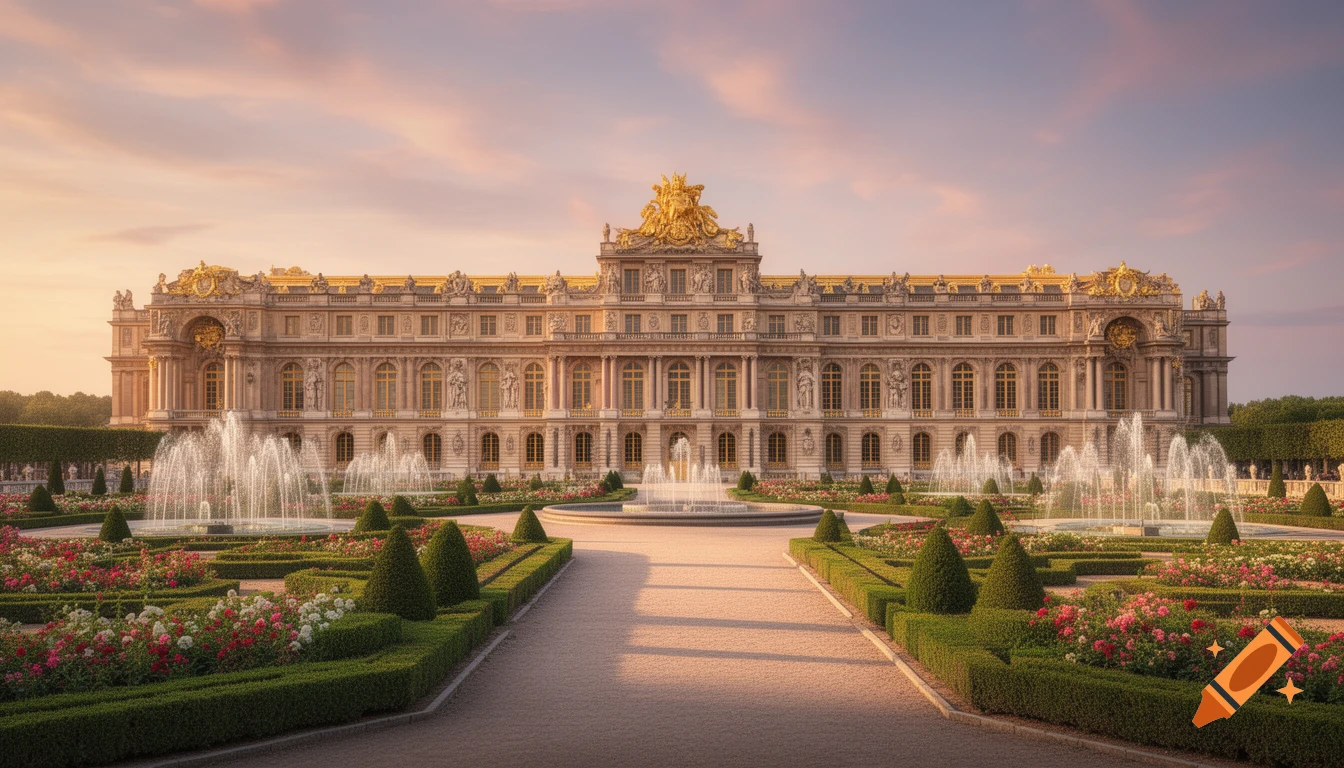 Majestic ornate palace with golden details, formal gardens, and fountains at dusk under a warm sky, photorealistic.