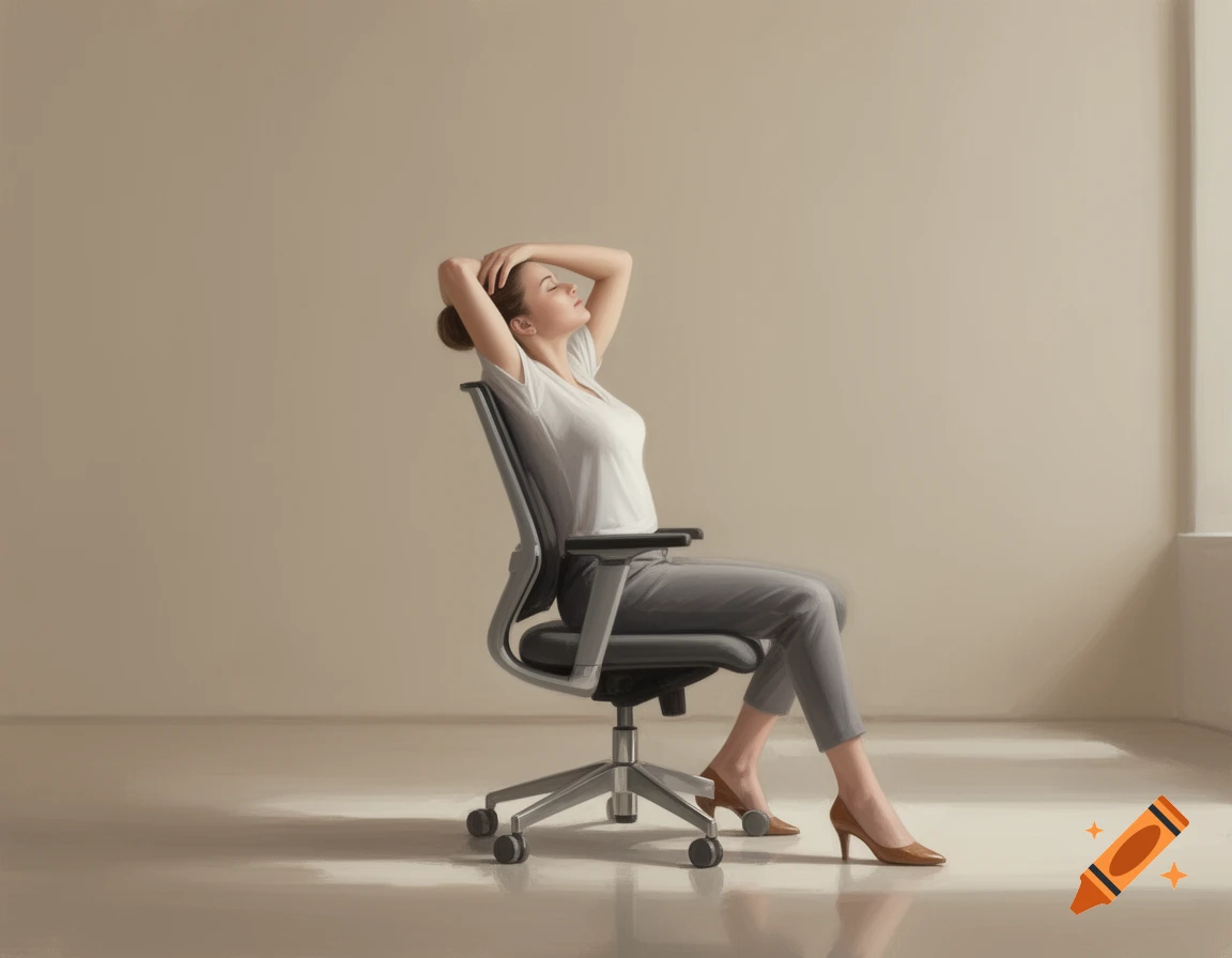 Photorealistic image of a woman stretching her neck in a gray office chair in a minimalist beige room.
