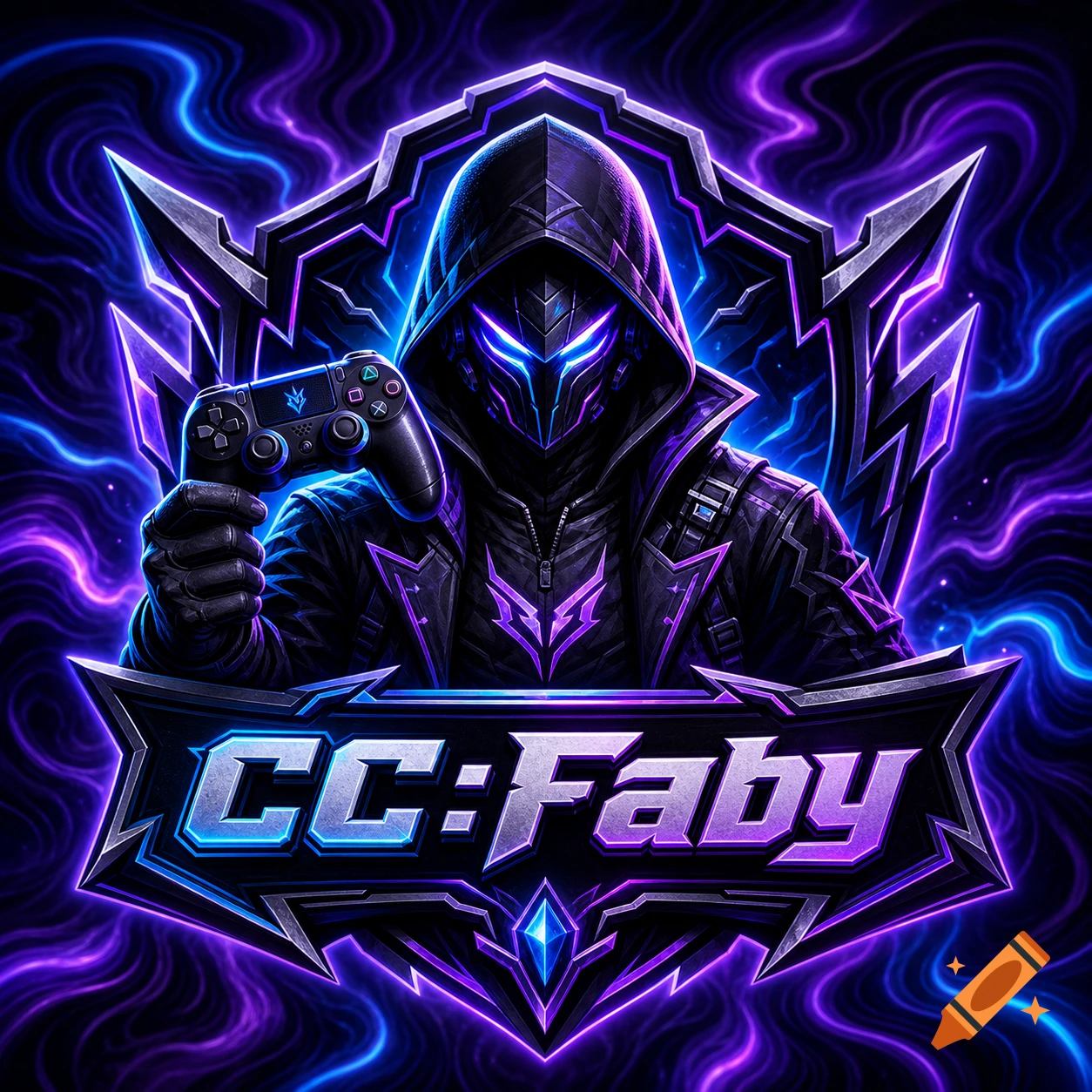 A futuristic masked gaming figure with glowing blue and purple neon accents holds a controller, set against a dark, wavy background with neon lines, featuring a prominent 'CC:Faby' banner.