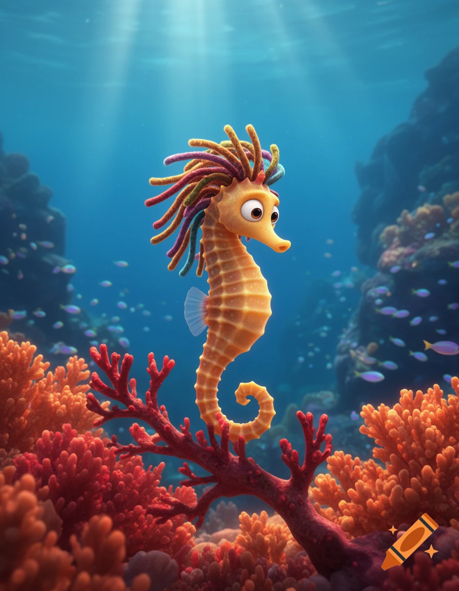 A cute orange cartoon seahorse with colorful dreadlocks swims in a vibrant blue ocean amidst red coral.