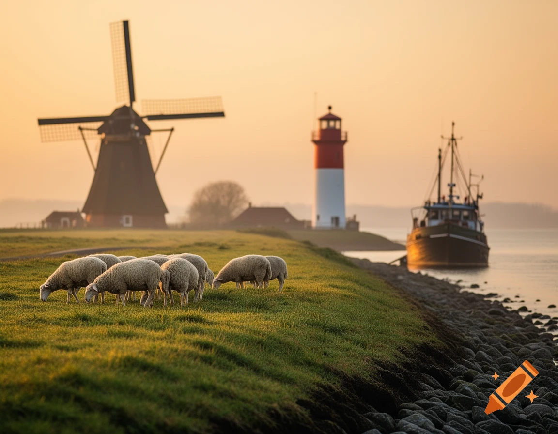 Sheep graze on a green dike with a windmill, a red and white lighthouse, and a fishing boat on the water during a golden sunrise.