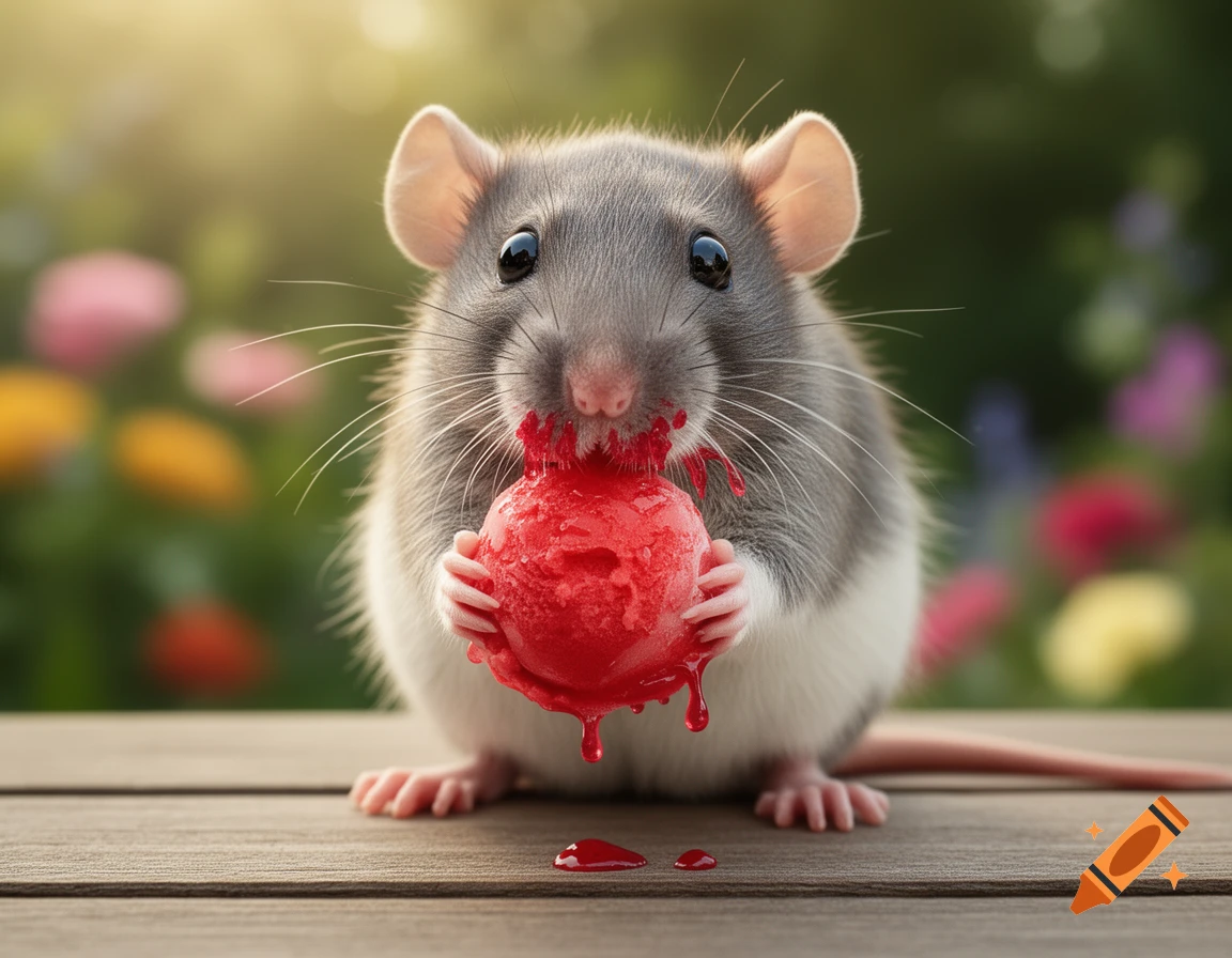 A cute photorealistic rat with gray and white fur holds and eats a melting red ice cream scoop on a wooden table, with drops spilling.