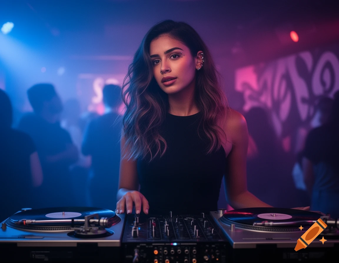 A photorealistic image of a Latin American woman DJing at a club, illuminated by blue and pink lights.