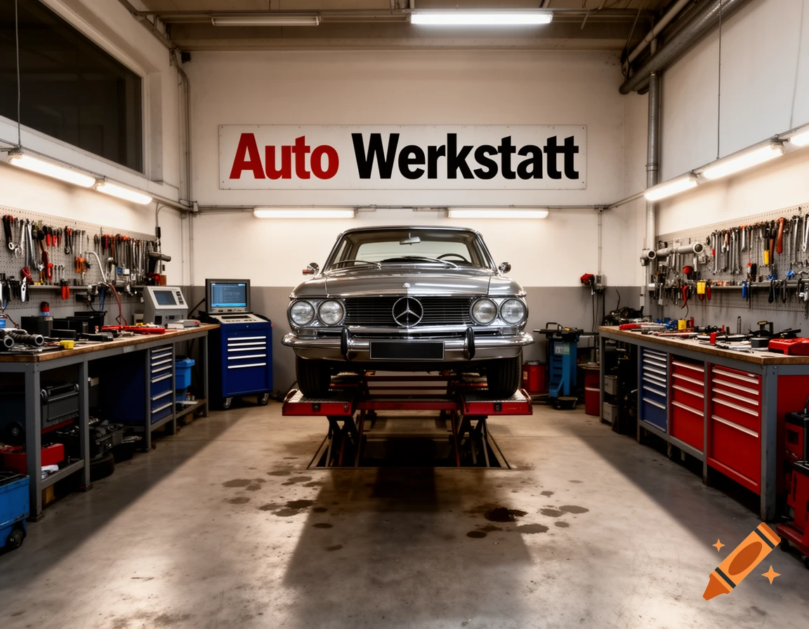Photorealistic image of a vintage silver car on a red lift in a busy auto workshop with a sign reading 'Auto Werkstatt'.