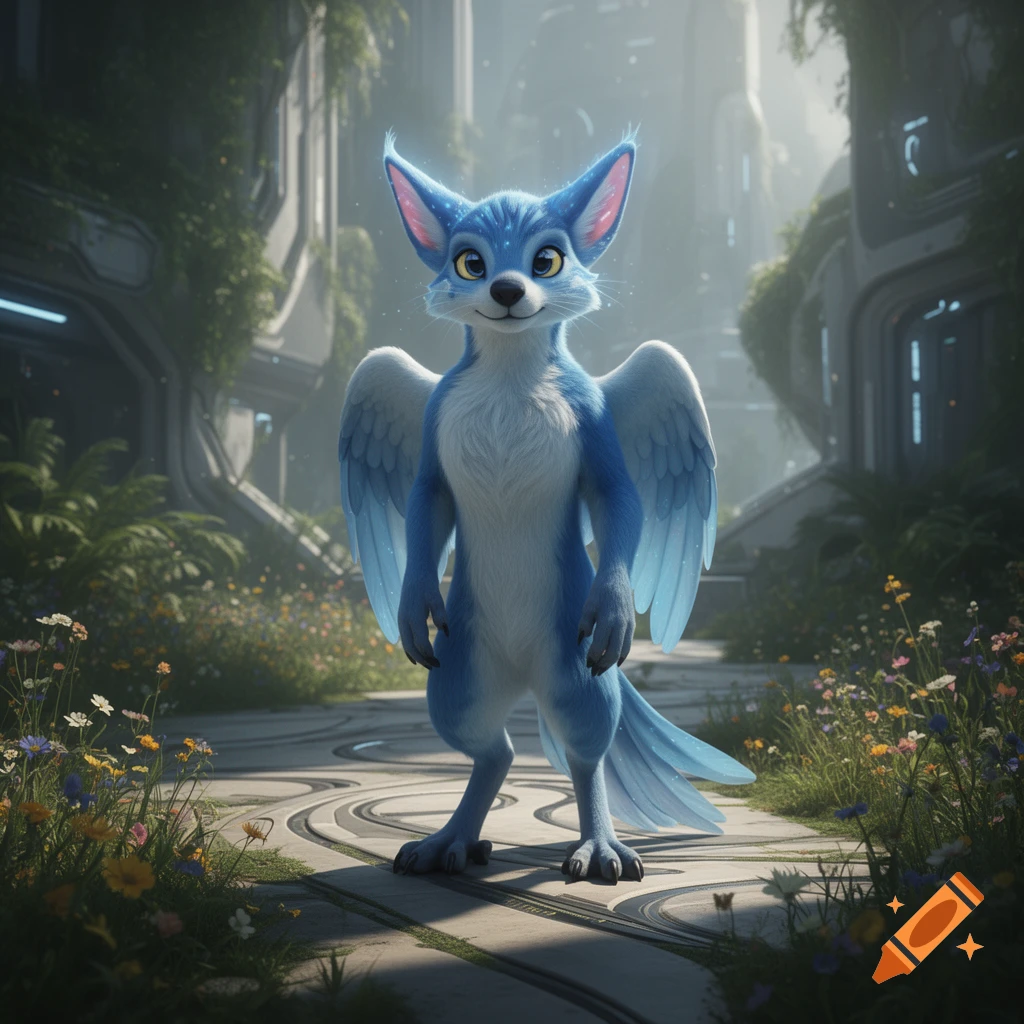 A cute blue winged Avali furry with big ears and a happy expression stands on a futuristic path amidst lush greenery.