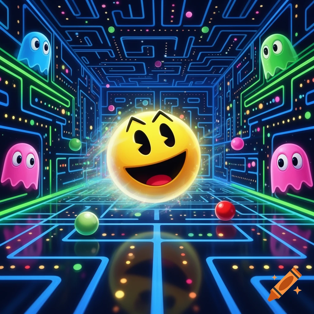Vibrant digital art of Pac-Man in a glowing neon maze, surrounded by four colorful ghosts and pellets.