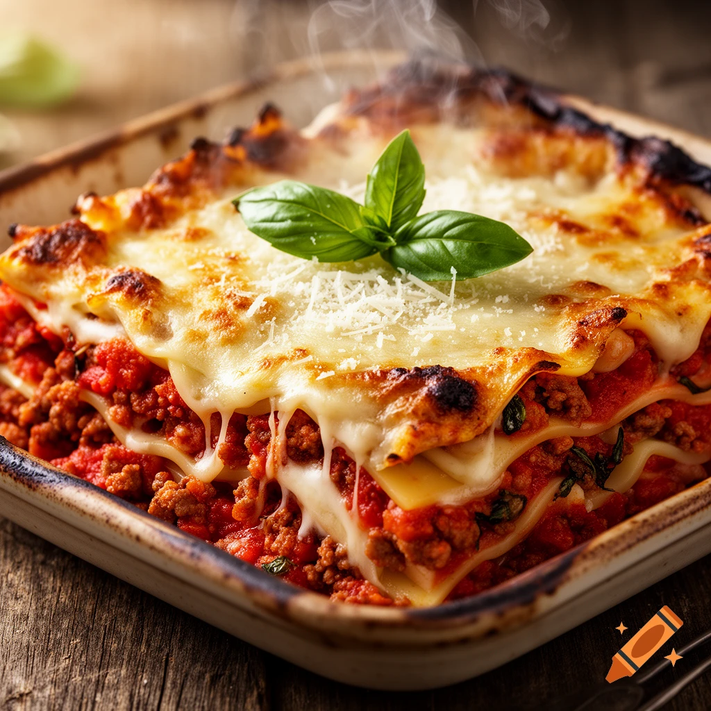 Close-up of a steaming, cheesy lasagna in a baking dish with a basil garnish, on a rustic wooden surface.