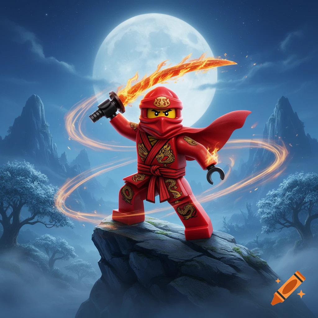 Red Lego Ninjago character Kai stands on a cliff with a flaming sword against a full moon and misty mountains.